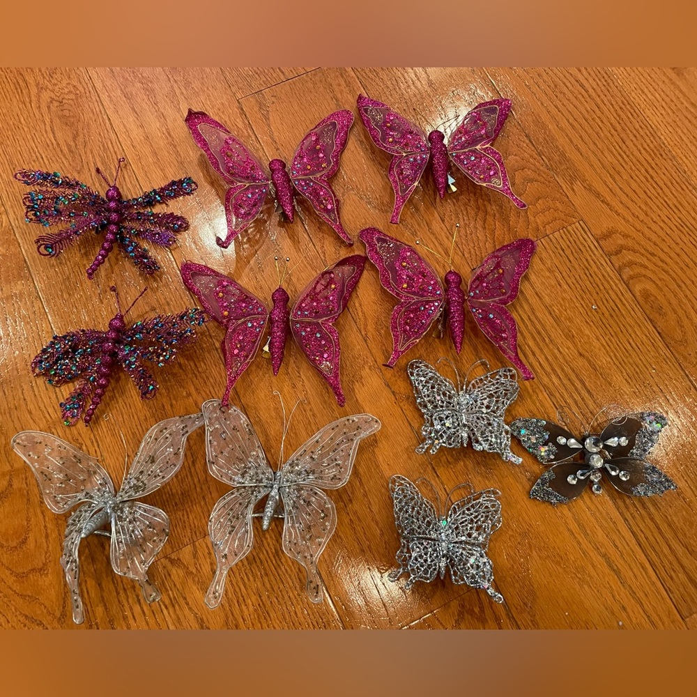 🦋 Pink & Silver Butterfly Christmas Ornaments – Glitter, Sequins & Jewel Details